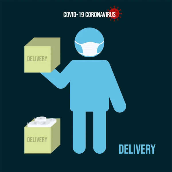 Kurye Simgesi. Tuvalet kağıdı teslimatı. Maskeli adam elinde bir kutu tutuyor. Coronavirus. Covid 19