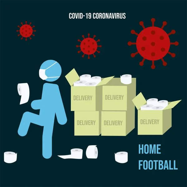 Adam tuvalet kağıdıyla futbol oynuyor. Tuvalet kağıdıyla dolu kutular. Coronavirus. Covid 19.