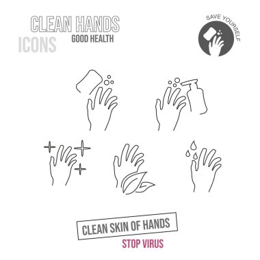 İnce çizgi simgeleri ayarlandı. El yıkama teması üzerine simgeler.