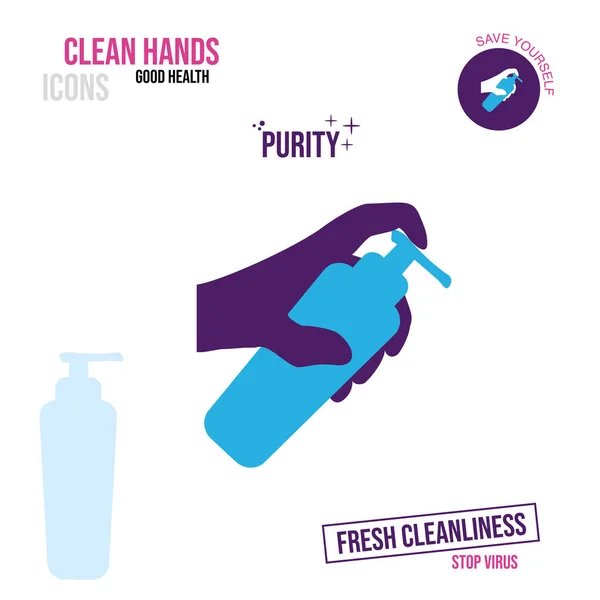 Şişeyi antiseptik ya da sıvı sabunla tutan bir elin simgesi.