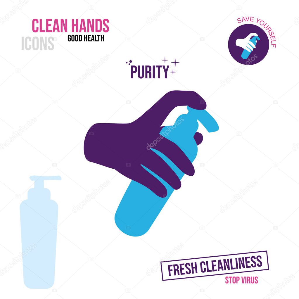 Icon of a hand holding a bottle with an antiseptic or liquid soap.