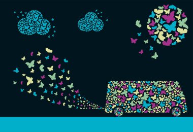 A bus in the form of a cloud of butterflies. Sun in the form of a cloud of butterflies. Exhaust fumes in the form of a cloud of butterflies. Environmental protection concept. Poster. clipart