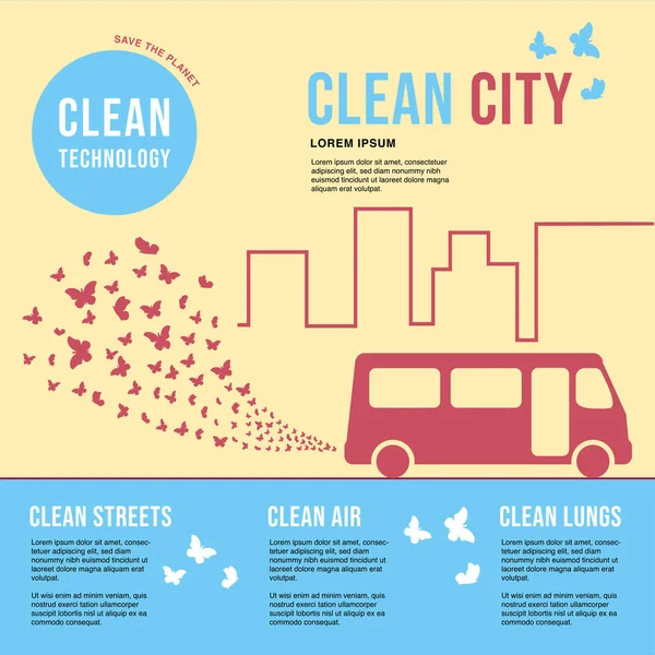 Şehirde çevre dostu bir otobüs. Kelebek bulutu şeklinde egzoz dumanı. Çevre koruma kavramı. Poster.