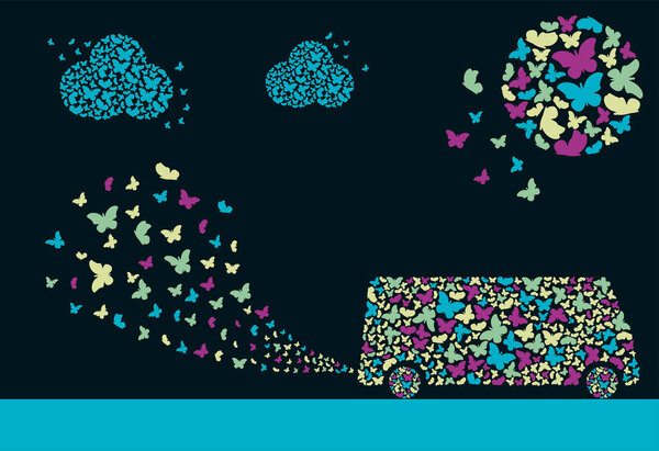 A bus in the form of a cloud of butterflies. Sun in the form of a cloud of butterflies. Exhaust fumes in the form of a cloud of butterflies. Environmental protection concept. Poster.