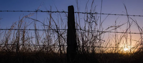 Rostiga skarpa timmer och metall barb wire staket. — Stockfoto