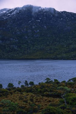 Bulutlu bir günde Tasmania'deki / daki Cradle mountain.