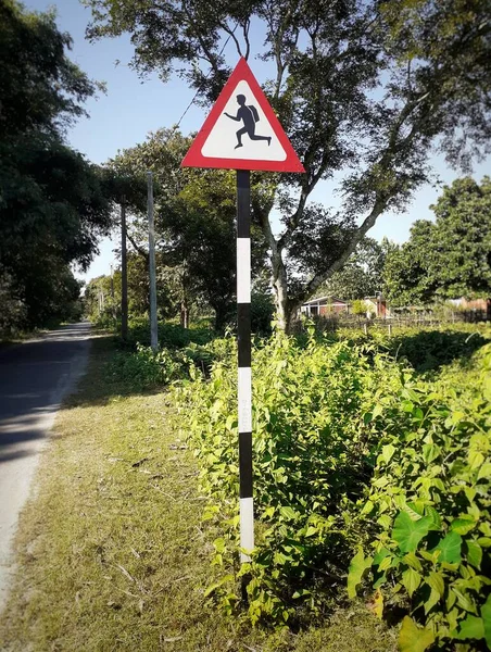 Escuela Triangular Adelante Placa Señal Cerca Carretera Conduce Lento Signo —  Fotos de Stock