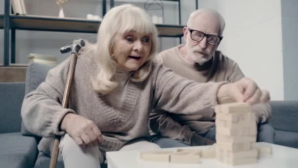 Senior Couple Dementia Playing Blocks Wood Game — ストック動画