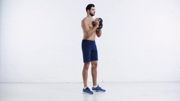 Sportsman Doing Sit Ups Weight White Background — Stock Video