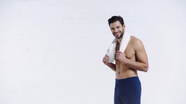 Sportsman Towel Smiling Camera White Background — Stock Video