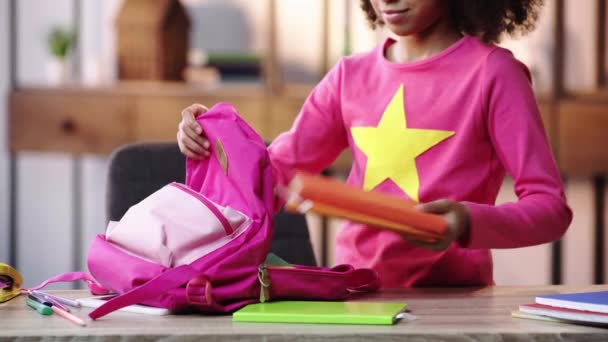 Partial View African American Kid Putting Books Backpack Walking Away — Vídeo de Stock