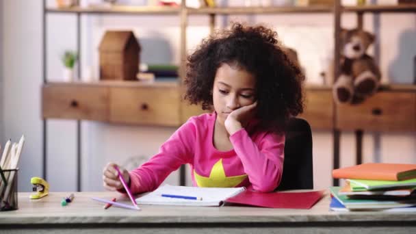 Sad Tired African American Child Drawing Color Pencils — 비디오