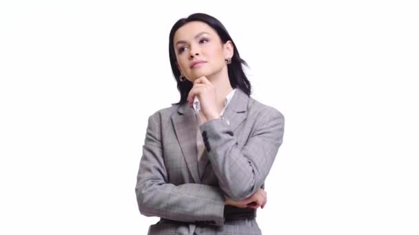 Front View Thoughtful Businesswoman Getting Idea Isolated White — Stock Video