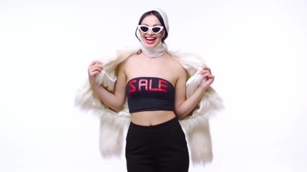 Stylish Woman Faux Fur Coat Showing Top Sale Lettering Isolated — Stock Video