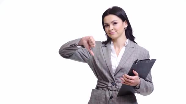 Businesswoman Thumb Holding Clipboard Isolated White — Stock video