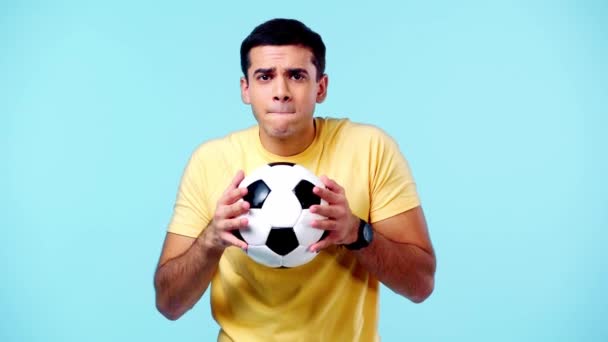 Excited Sports Fan Soccer Ball Showing Winner Gesture Isolated Blue — Stock Video