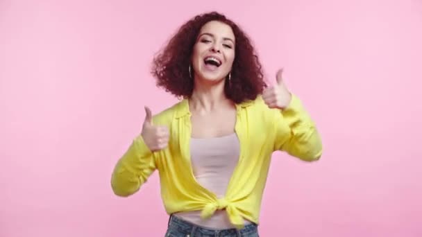 Excited Happy Girl Showing Thumbs Smiling Camera Isolated Pink — Stock Video