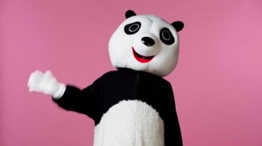 Panda kostümlü bir insan pembe üzerinde el sallıyor.