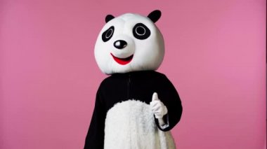 Panda kostümlü bir insan pembe üzerinde başparmağını gösteriyor.