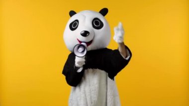 Panda kostümlü kişi megafonu sarıya sarılı tutuyor.