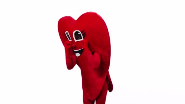 Persona Costume Cuore Toccando Gli Occhi Dei Cartoni Animati Isolati — Video Stock