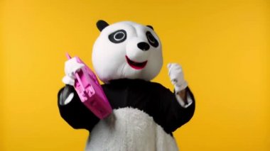 Panda kostümlü insan, sarı renkte izole edilmiş teyple dans ediyor. 