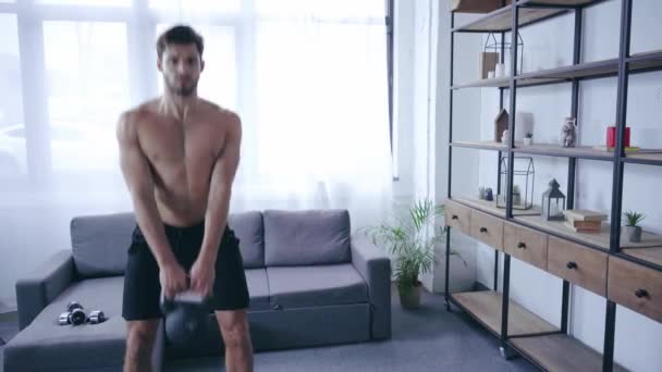 Shirtless Muscular Sportsman Training Weight Home — Stock Video
