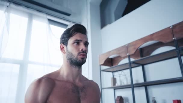 Handsome Shirtless Sportsman Training Dumbbells Home — Stock Video