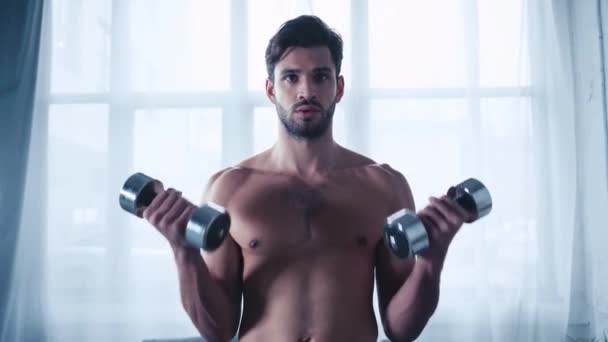 ダンベルを自宅で訓練する筋肉系の軽薄なスポーツマン — ストック動画