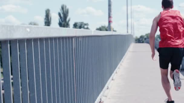 Vista Trasera Del Joven Deportista Corriendo Por Puente — Vídeos de Stock