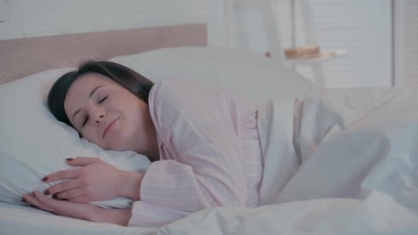 Woman Sleeping While Turning Light Bedroom — Stock Video