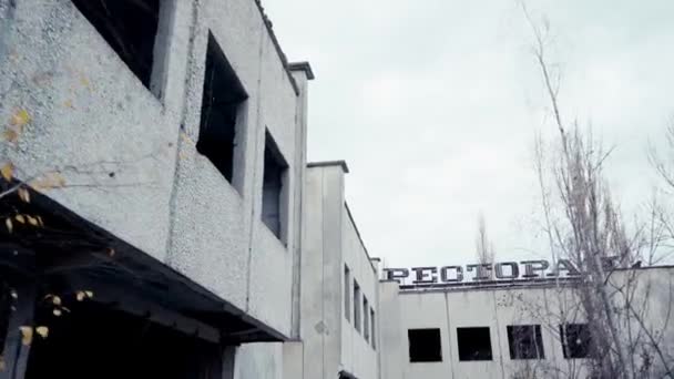 Chernobyl Ukraine November 2019 Abandoned Building Restaurant Lettering — Stock Video