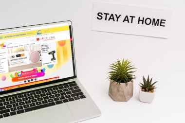 KYIV, UKRAINE - 8 Nisan 2020: bitkilerin yanında aliexpress web sitesi olan dizüstü bilgisayar ve beyaz harflerle evde kalan kağıt  