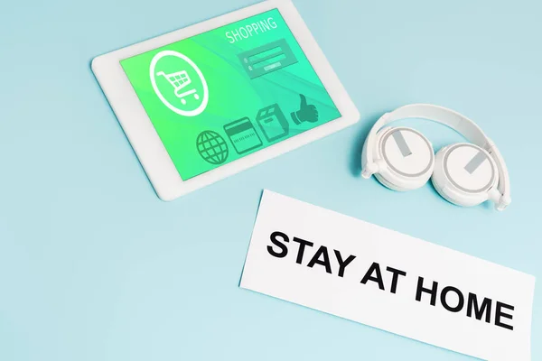 Digital Tablet Online Shopping App Headphones Paper Stay Home Lettering — Stock Photo, Image