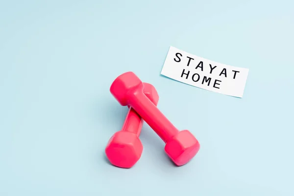 Pink dumbbells near paper with stay at home lettering on blue with copy space — Stock Photo