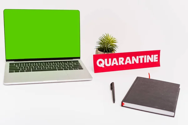 Laptop with green screen near plant, pen, notebook and paper with quarantine lettering on white — Stock Photo