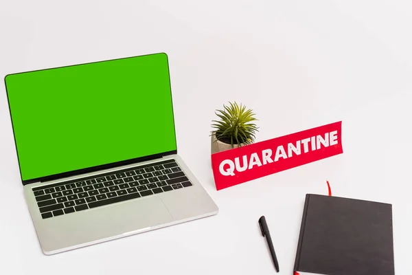 Laptop mit grünem Bildschirm in der Nähe von Stift, Notizbuch, Pflanze und Papier mit Quarantäne-Schriftzug auf weiß — Stockfoto