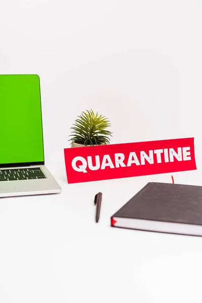 Selective focus of laptop with green screen near pen, notebook, plant and paper with quarantine lettering on white — Stock Photo