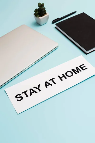 Laptop, notebook, plant and pen near paper with stay at home lettering on blue — Stock Photo