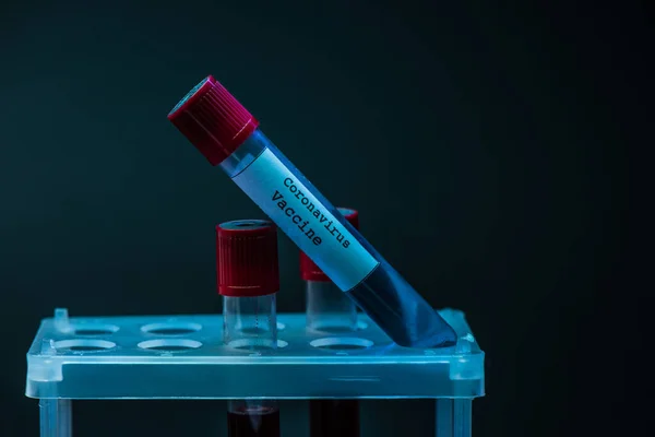 Sample tubes with blood samples and coronavirus vaccine in test tube rack on dark — Stock Photo