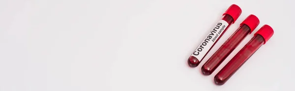 Horizontal crop of test tubes with coronavirus blood samples on white background — Stock Photo