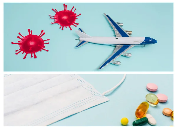 Колаж іграшки з декоративними молекулами коронавірусу та медичною маскою з таблетками на синьому — стокове фото