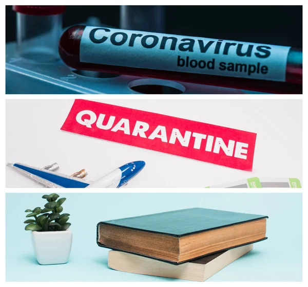 Collage aus Reagenzglas mit Coronavirus-Blutprobe, Karte mit Quarantäne-Schriftzug neben Spielzeug und Blumentopf mit Geldbaum neben Büchern — Stockfoto