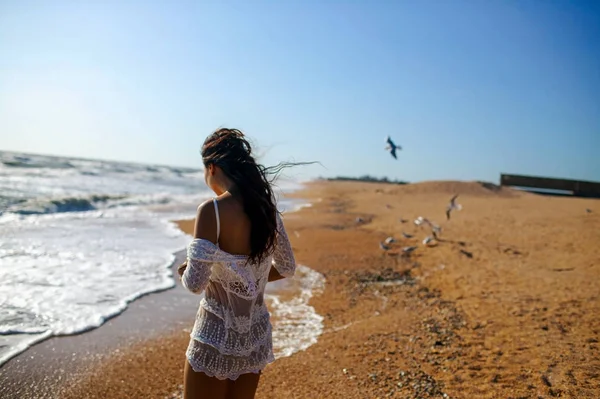 Glücklich Asiatische Frau Läuft Auf Sandstrand Zwischen Vögeln — Stockfoto
