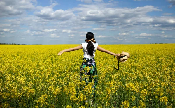 野生の花の分野で自由に感じる女性 — ストック写真