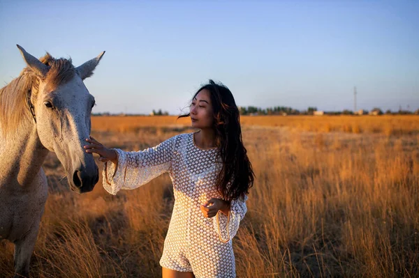 Bela Ásia Menina Acariciando Cavalo Campo — Fotografia de Stock