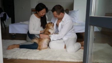 Sevilen bir köpekle yatakta yatan mutlu çiftin portresi.