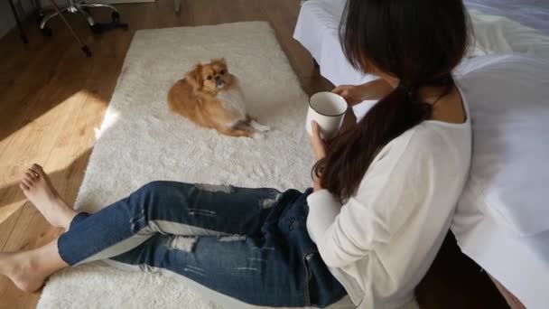 幸せなアジアの女性は自宅で犬と遊ぶ — ストック動画