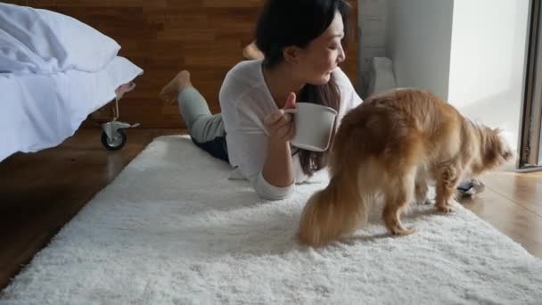 幸せなアジアの女性は自宅で犬と遊ぶ — ストック動画