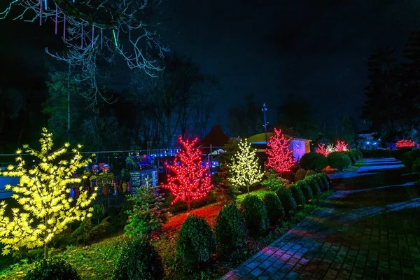 Paysage urbain nocturne et illumination dans un parc d'attractions — Photo